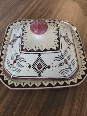 Vintage Hand Painted Ceramic Butter Dish w/ Lid Boho Southwestern Design